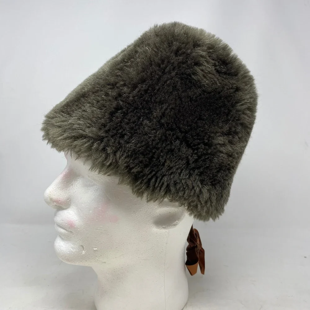 Vintage Union Made Faux Fur Pillbox Hat Olive Green Russian Cossack Style Winter
